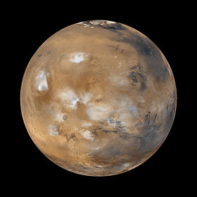 Mars in natürlichen Farben, die Daten für das computergenerierte Bild wurden im April 1999 mit dem Mars Global Surveyor aufgenommen